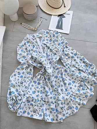 Женское романтичное мини платье в цветочный принт с кружевом софт / штапель 42/44, Голубой Одесса