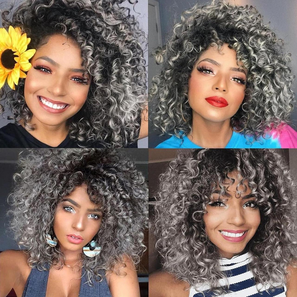 Перука кучерява афро сіра сива омбре з чубчиком, жіноча коротка синтетична термостійка, хвилясте волосся для Гелловіну Київ - фото 8