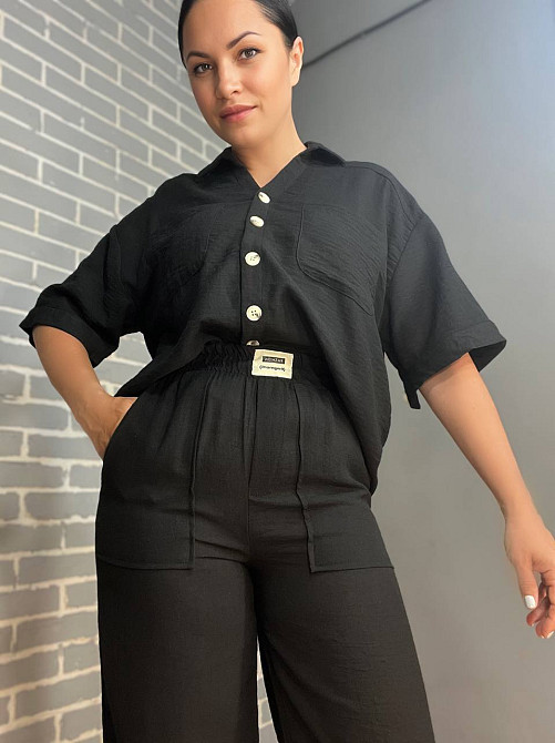 Костюм женский Mix Ray 4157 рубашка оверсайз брюки с разрезами по бокам ровные от бедра черный, черный, M Киев - изображение 2