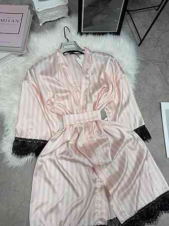 Женский домашний халат в полоску шелк армани с кружевом Пудровый, 48/52 Одесса