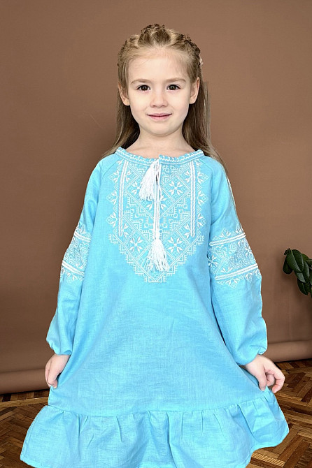 Платье-вышиванка для девочки Бирюзовый лен с длинным рукавом и белым орнаментом Сумы - изображение 1