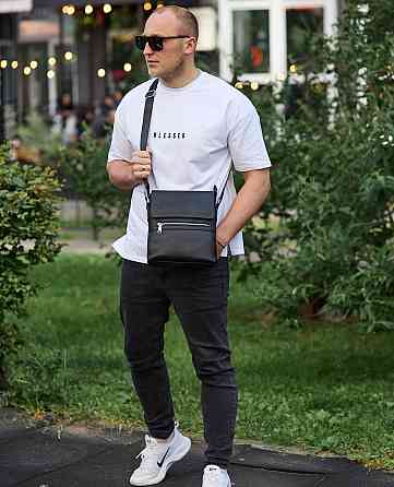 Чёрная кожаная мужская сумка через плечо Tiding Bag Киев