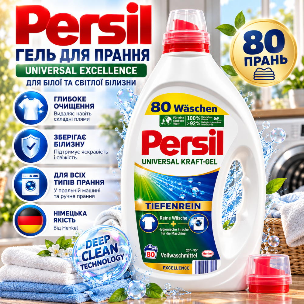 Гель для прання Persil Universal Excellence 3,6 л, 80 прань, Deep Clean, для білої та світлої білизни Київ - фото 1
