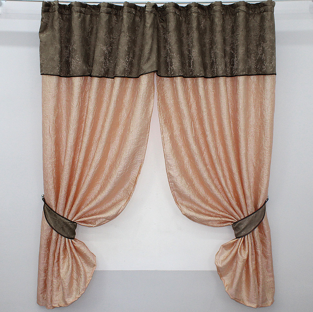 Кухонные шторы VR-Textil № 073к с ламбрекеном и подхватами персиковый с какао 260х170 см (52-0105) Киев - изображение 1