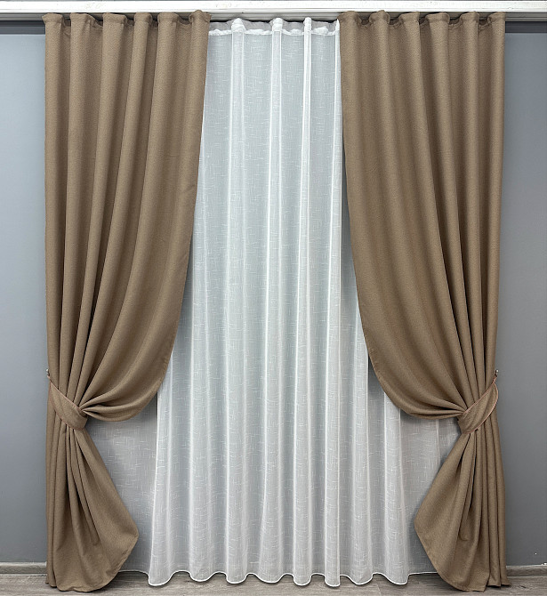 Комплект штор VR-Textil Лен Мешковина 200х270 2шт и Тюль 600х270 825ш-115т Темно-бежевый с белым 71-017/7 Киев - изображение 1