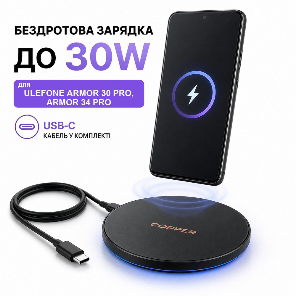Бездротовий зарядний пристрій Copper до 30W для Ulefone Armor 30 Pro, Armor 34 Pro, USB-C, LED Київ - фото 2