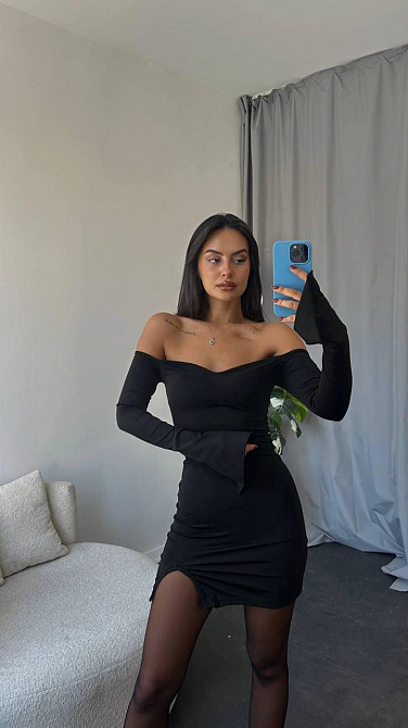 Женское облегающее мини платье с открытыми плечами микродайвинг Черный Одесса - изображение 3