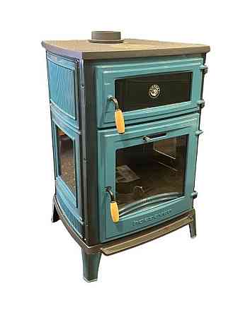 Піч-камін чавунна на дровах з духовкою Hosseven 8000E 13 кВт три скла верхній димохід блакитна Київ