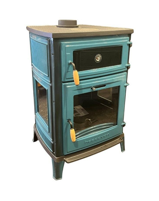 Піч-камін чавунна на дровах з духовкою Hosseven 8000E 13 кВт три скла верхній димохід блакитна Тернопіль - фото 1