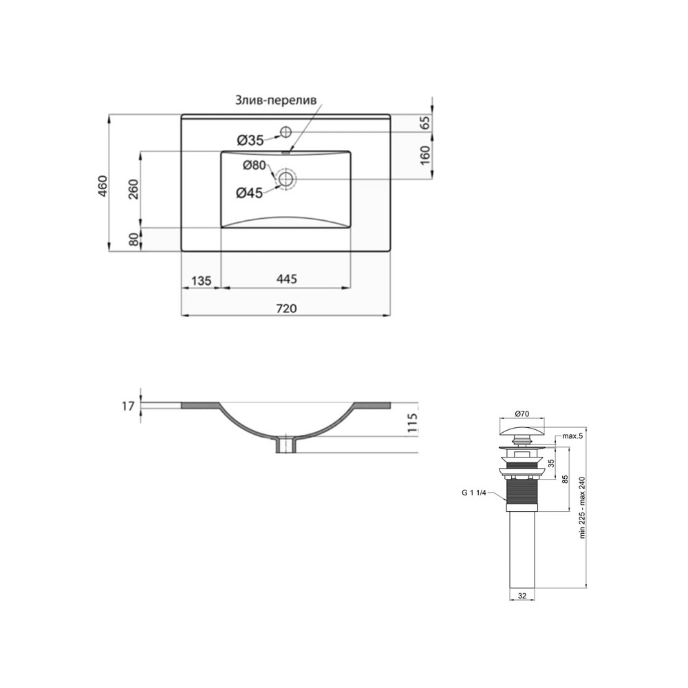 Комплект Albatross: Раковина врезная мебельная 720x460x180 мм, White, прямоугольная + Донный клапан Pop-up PU02O Киев - изображение 2
