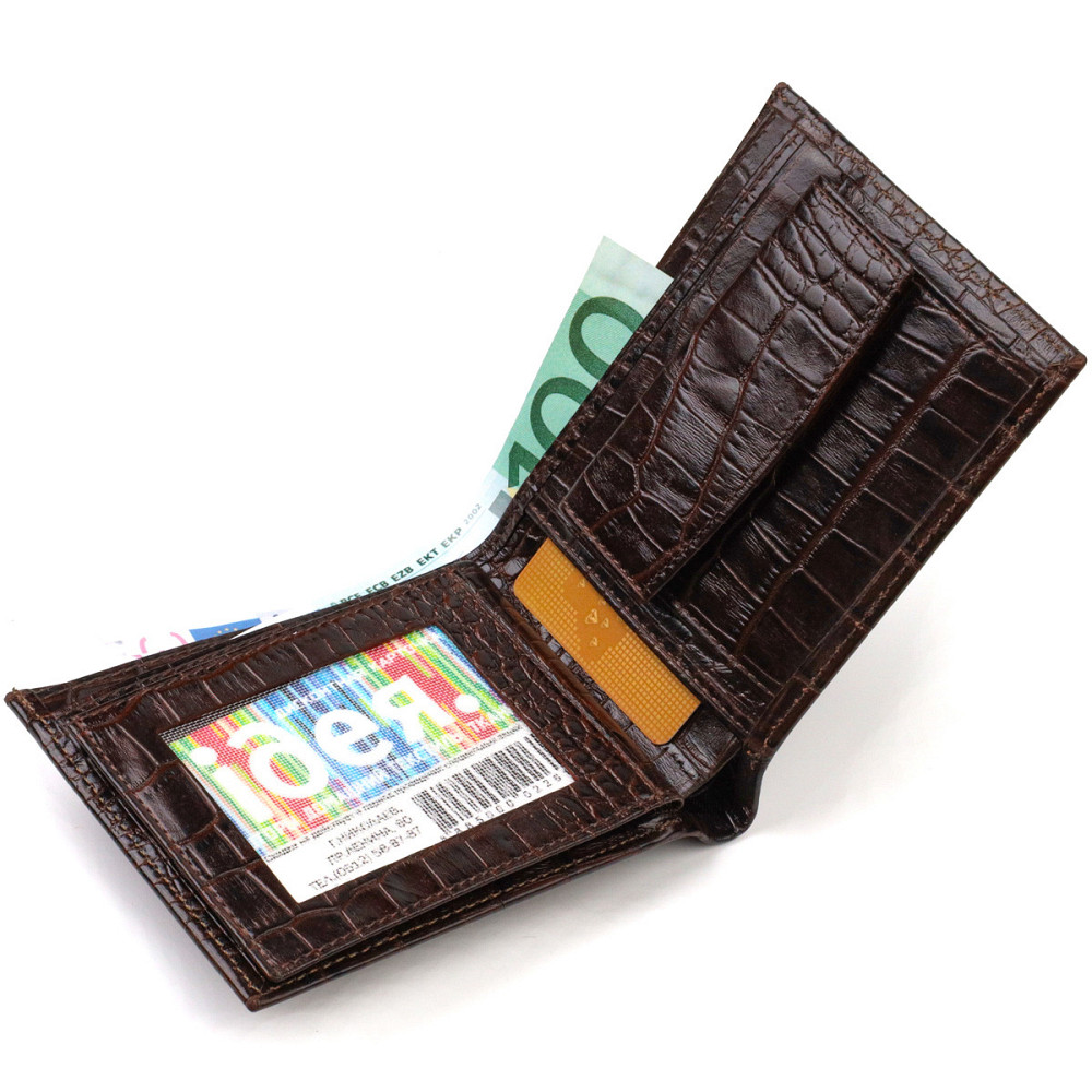 Горизонтальный мужской бумажник среднего размера из натуральной кожи с тиснением под крокодила CANPELLINI 21860 Коричневый Киев - изображение 5