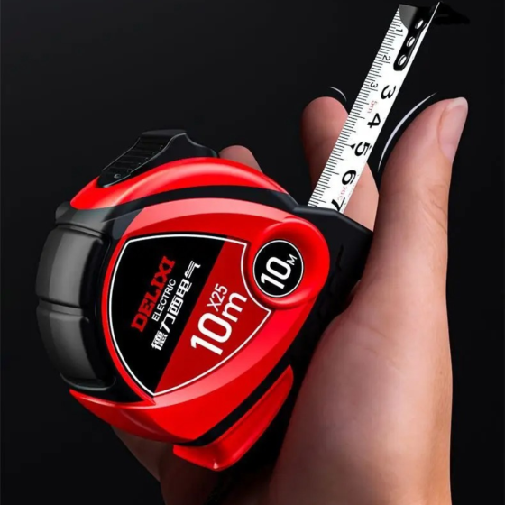 Рулетка будівельна вимірювальна 10м, протиударна подвійна з метричною і дюймовою системою, прогумована, чорно-червона Кам'янець-Подільський