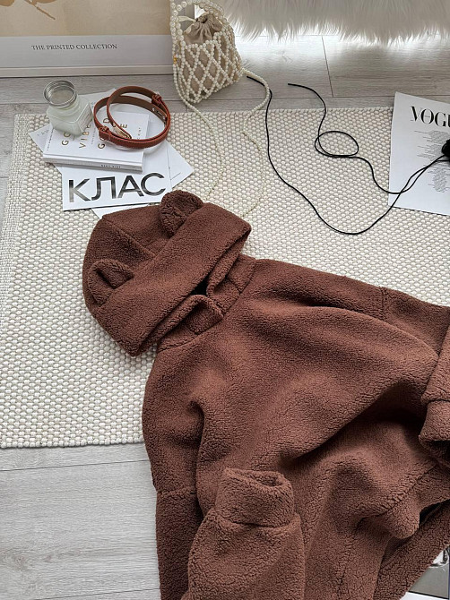 Женская стильная теплая плюшевая худи с ушками мягкий мех Teddy Шоколад Одесса - изображение 4