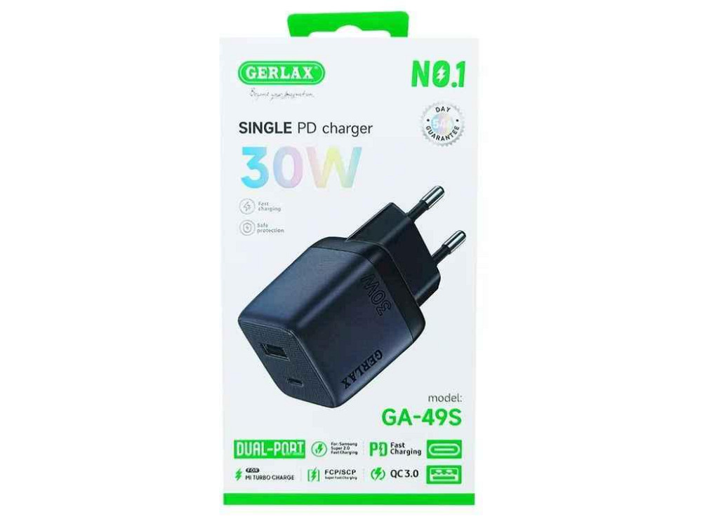 Мережевий зарядний пристрій USB GA-49S 1USB 30W QC3.0 PD чорний ТМ GERLAX Київ - фото 1