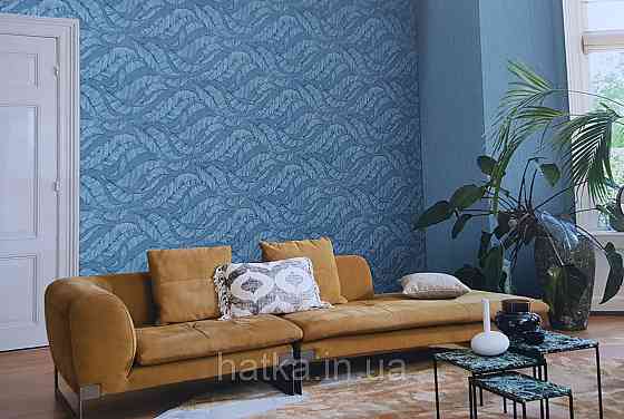 Шпалери вінілові на флізеліновій основі Rasch Ascona 1.06х10 метрове листя структурні бірюзові із золотистим Київ