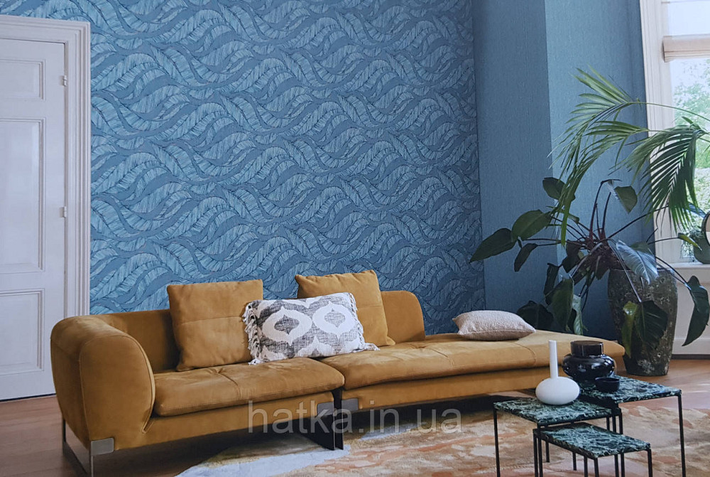 Шпалери вінілові на флізеліновій основі Rasch Ascona 1.06х10 метрове листя структурні бірюзові із золотистим Київ - фото 1
