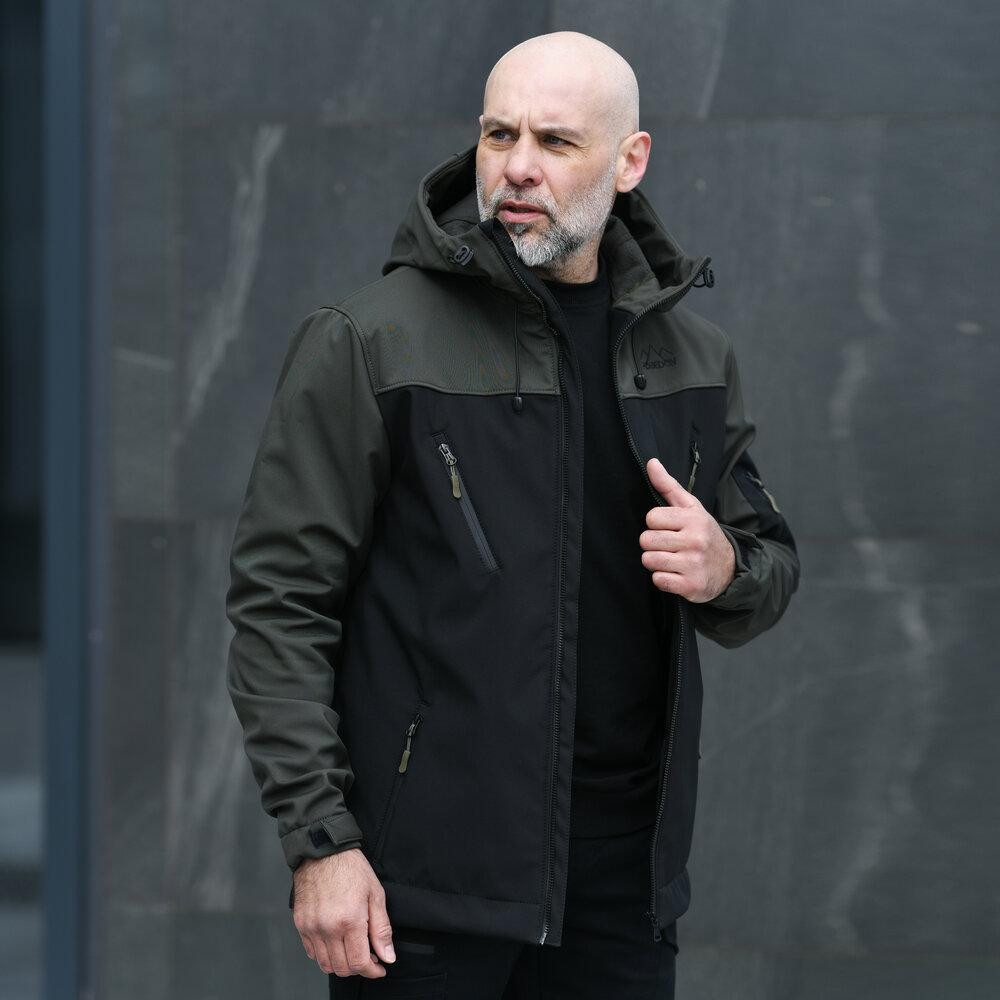 Чоловіча куртка soft shell Pobedov софтшелл Куртка демісезонна з капюшоном осінь весна чорна-хакі Одеса - фото 5