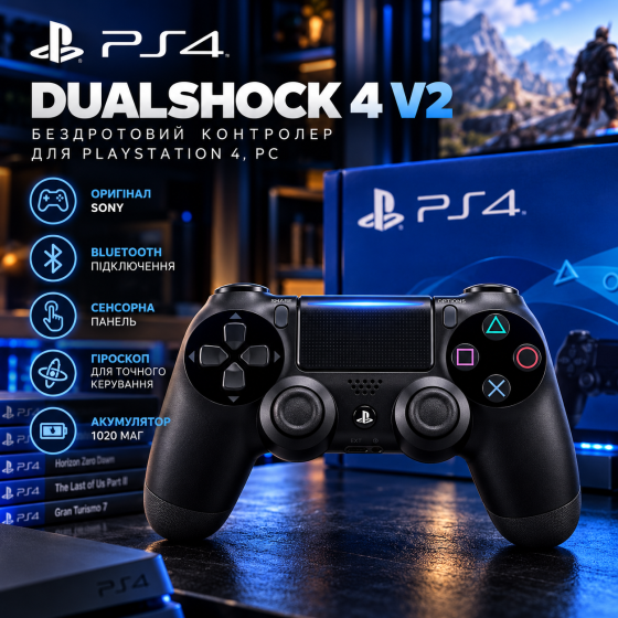 Геймпад Sony DualShock 4 V2 для PS4, PC, Bluetooth, сенсорна панель, гіроскоп, акумулятор 1020 мАг, чорний Київ