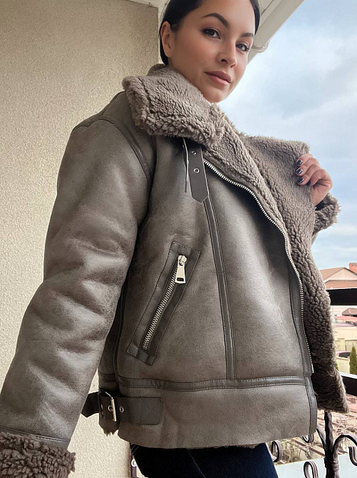 Дубленка женская Aftf Basic 243 средней длины из экозамши на молнии с мехом капучино, капучино, S Одесса - изображение 5