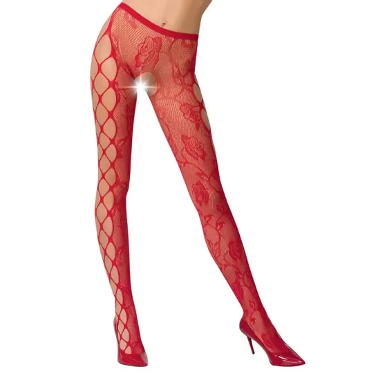 Еротичні колготки-бодістокінг Passion S008 red, ажурні колготки з вирізом та лампасами-сіткою Львов