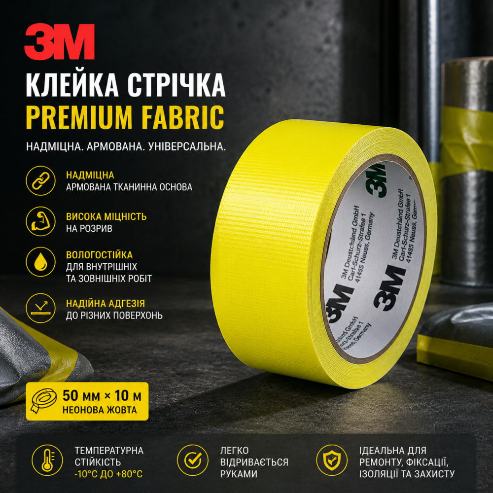Клейка стрічка 3M Premium Fabric 50 мм × 10 м неонова жовта армована надміцна тканинна Duct Tape Київ - фото 3