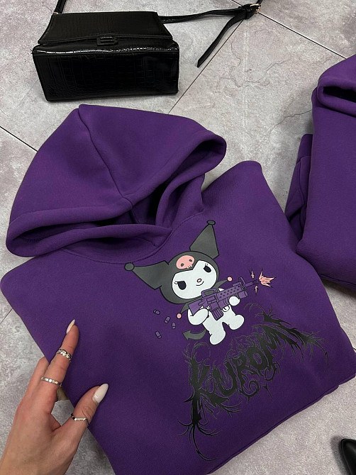Жіноче затишне тепле худі оверсайз із милим принтом тринитка Тедді + тринитка з начосом пеньє Фіолетовий 2 Одеса - фото 3