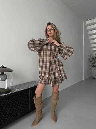 Жіночий стильний костюм-двійка: сорочка та спідниця в карту тіар Бежевий, 46/48 Одеса