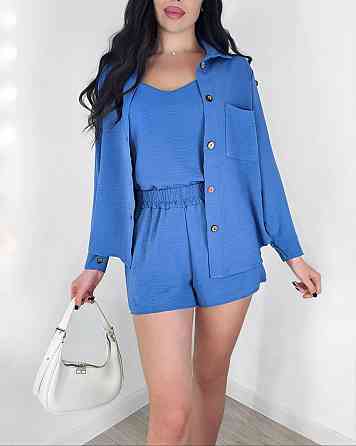 Жіночий легкий костюм-трійка: сорочка, майка та шорти креп жатка Джинс, 44/46 Одеса