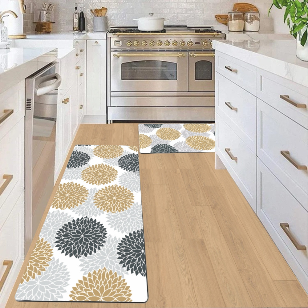 Набір 2 килимки для ванної та кухні Aquarius Суперпоглинаючі 50х80 см + 50х120 Сірі/Бежеві Квіти Буча - фото 1