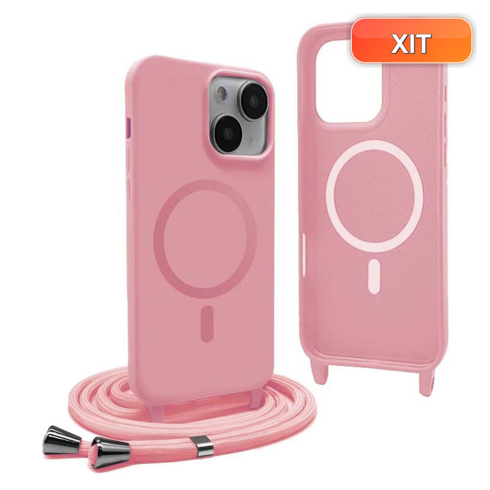 Чехол iPhone 15 Plus YFSYLL MagSafe силиконовый TPU розовый регулируемый съемный ремень на шее подставка Киев - изображение 1