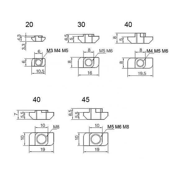 Гайка Т-образна М3, 10 шт для алюмінієвого профілю 20 серії Київ