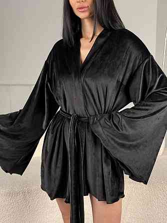 Жіночий домашній велюровий міні халат плюш велюр Чорний, 48/52 Одеса