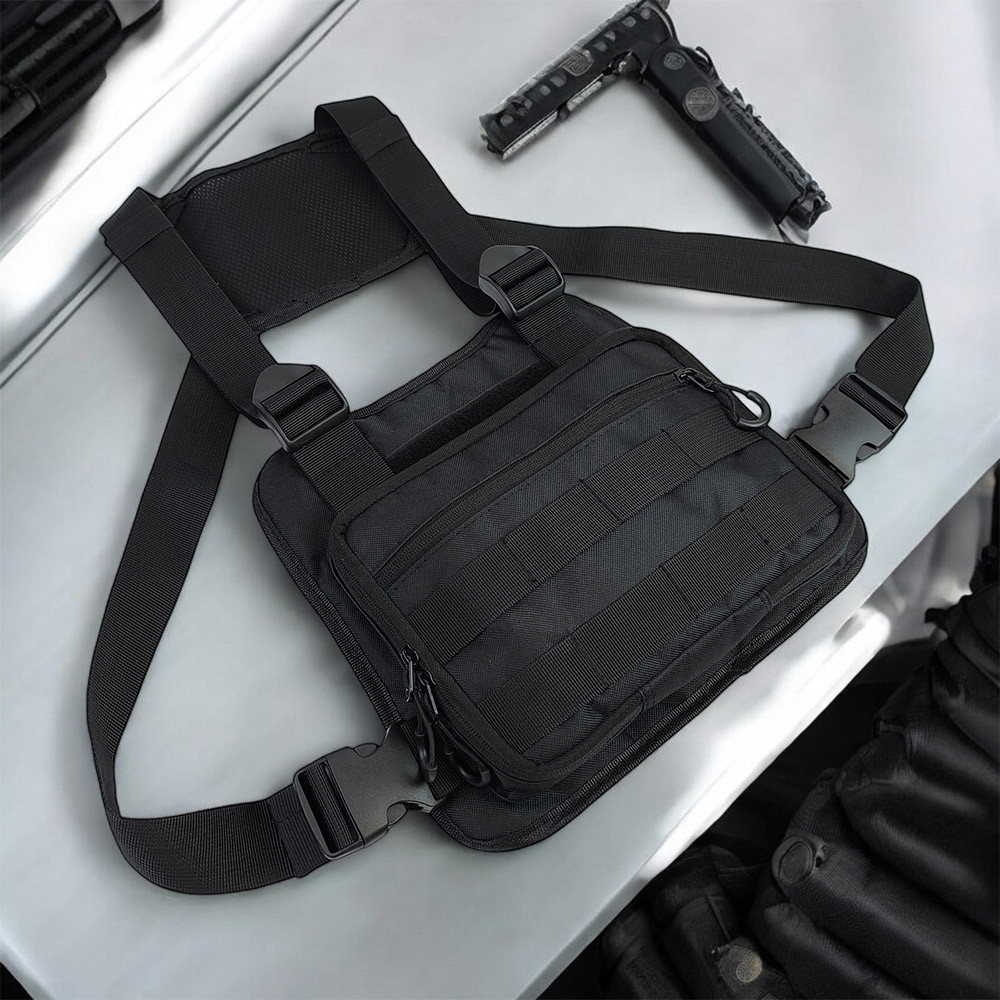 Чоловіча тактична нагрудна сумка розвантаження через плече чорна компактна міцна чорна розвантаження Київ - фото 9