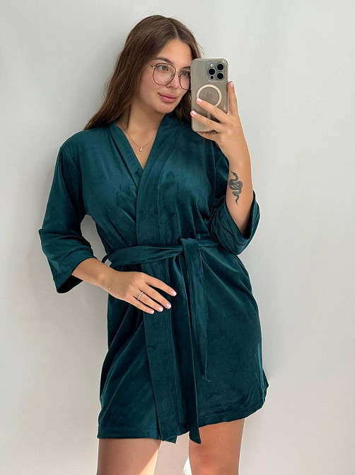 Халат жіночий плюш велюр під пояс Смарагд XL Харків - фото 1