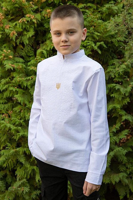 Вышиванка для мальчиков с длинным рукавом, льняная стрейч, белая топ 116 Киев - изображение 1