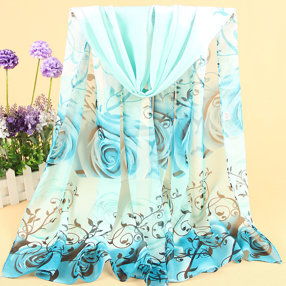 Шарф с розами шифоновый женский 145 на 48 см голубой Киев - изображение 4