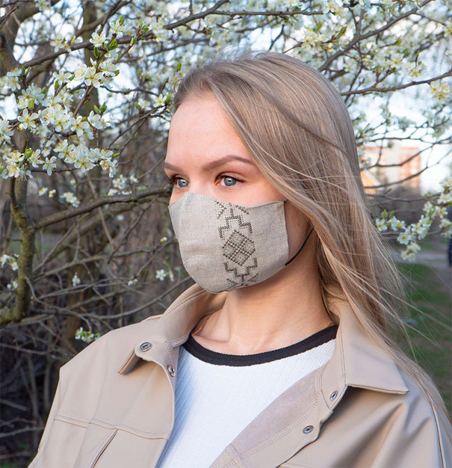 Маска защитная многоразовая из 100% ЛЬНА с Вышивкой Размер L (Бежевый) Сумы - изображение 3