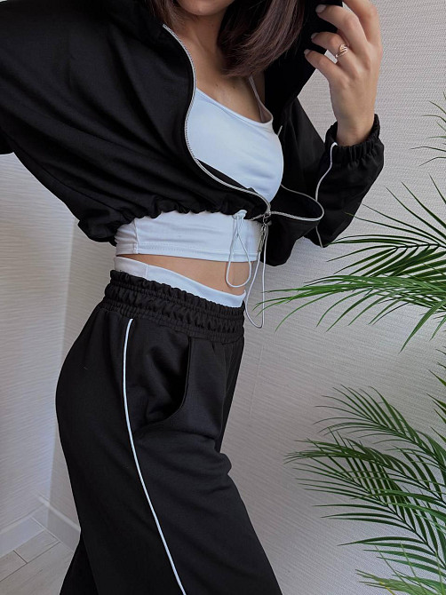 Женский прогулочный костюм тройка: кофта топ и штаны  двунить + микродайвинг Черный, 42/44 Одесса - изображение 4