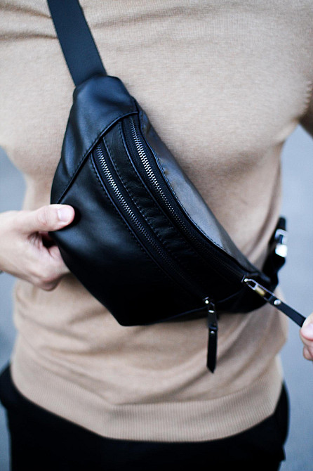 Чоловіча сумка-бананка на пояс з натуральної гладкої шкіри SKILL (Чорна) Суми - фото 7