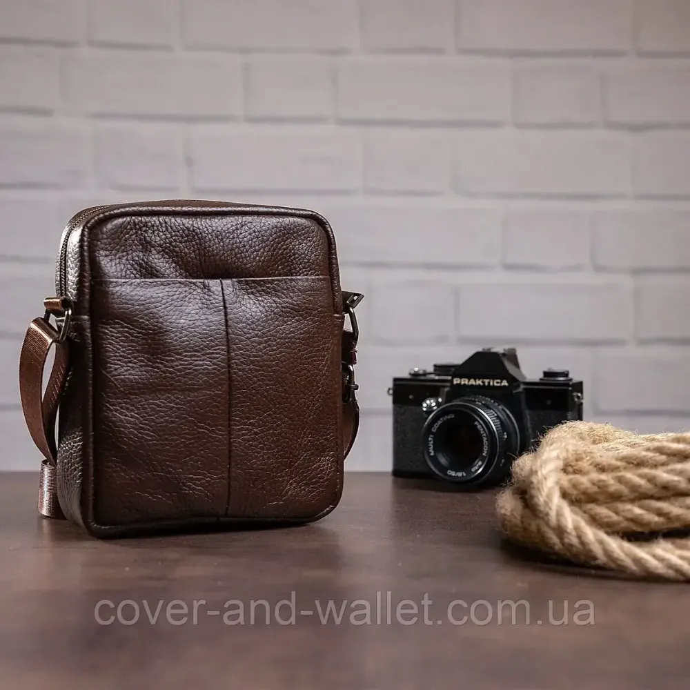 Компактна чоловіча шкіряна сумка через плече коричневого кольору VIntage Київ - фото 8