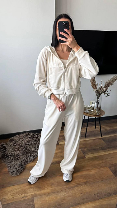 Жіночий плюшевий прогулянковий костюм-трійка: кофта топ і штани велюр Молочний, 44/46 Одеса - фото 7