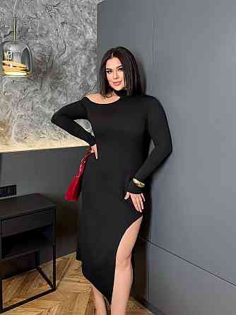 Женское облегающее платье с привлекательным разрезом плотный рубчик резинка Черный, 50/52 Одесса