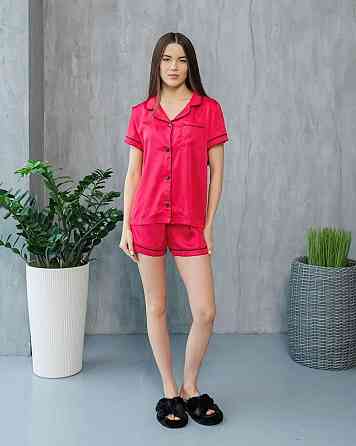 Коплект жіночій шовковий сорочка з шортами Малиновий ч/к S Харків