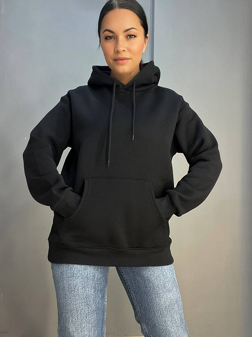 Худі жіноче Pepper&mint 23-01 OVER подовжений з капюшоном з кишенею утеплений фліс чорний, чорний, L Київ - фото 4