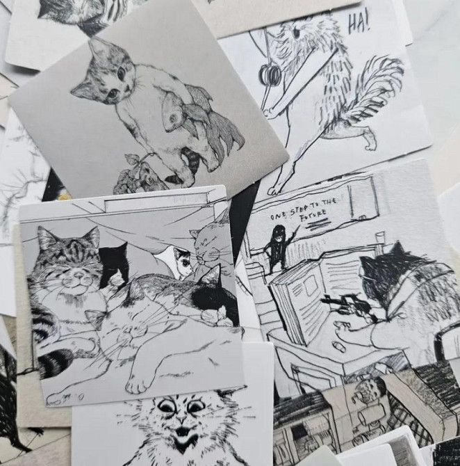 60 шт. черно-белые наклейки с эскизами кошек, смешные наклейки с котами, скикерпак кошки. Киев - изображение 3