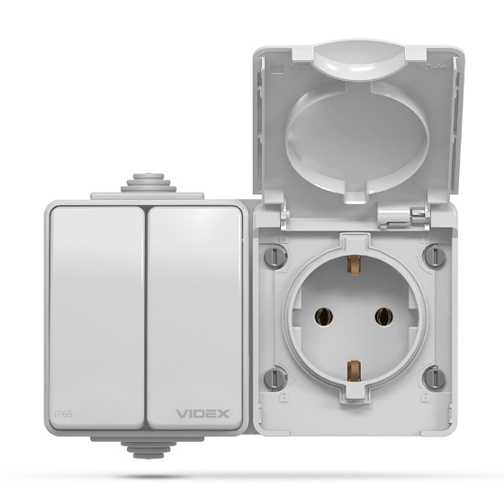 BINERA сірий Розетка зовнішня 1-а із заземленням + вимикач 2кл. IP65 Videx Житомир - изображение 1