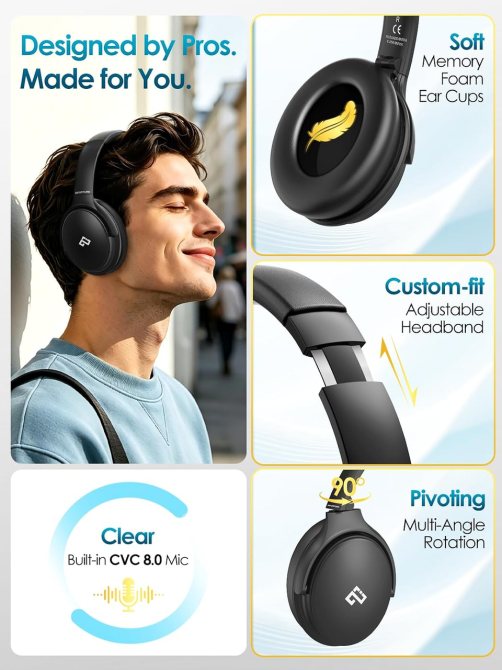Наушники INFURTURE H1 Bluetooth 5.4 с ANC, 40 мм, глубокий бас, до 90 часов работы, USB Type-C, складные, черные Киев - изображение 8