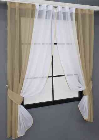 Кухонні штори VR-Textil № 017к комбіновані з підв'язками темно-бежевий з білим 265х170 см (50-658) Київ