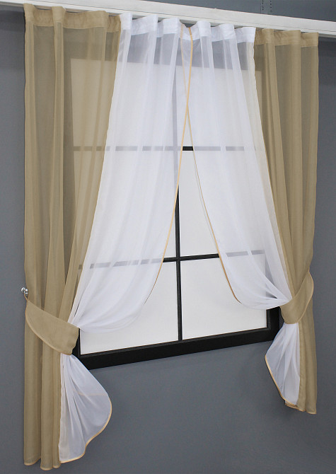 Кухонні штори VR-Textil № 017к комбіновані з підв'язками темно-бежевий з білим 265х170 см (50-658) Київ - фото 2