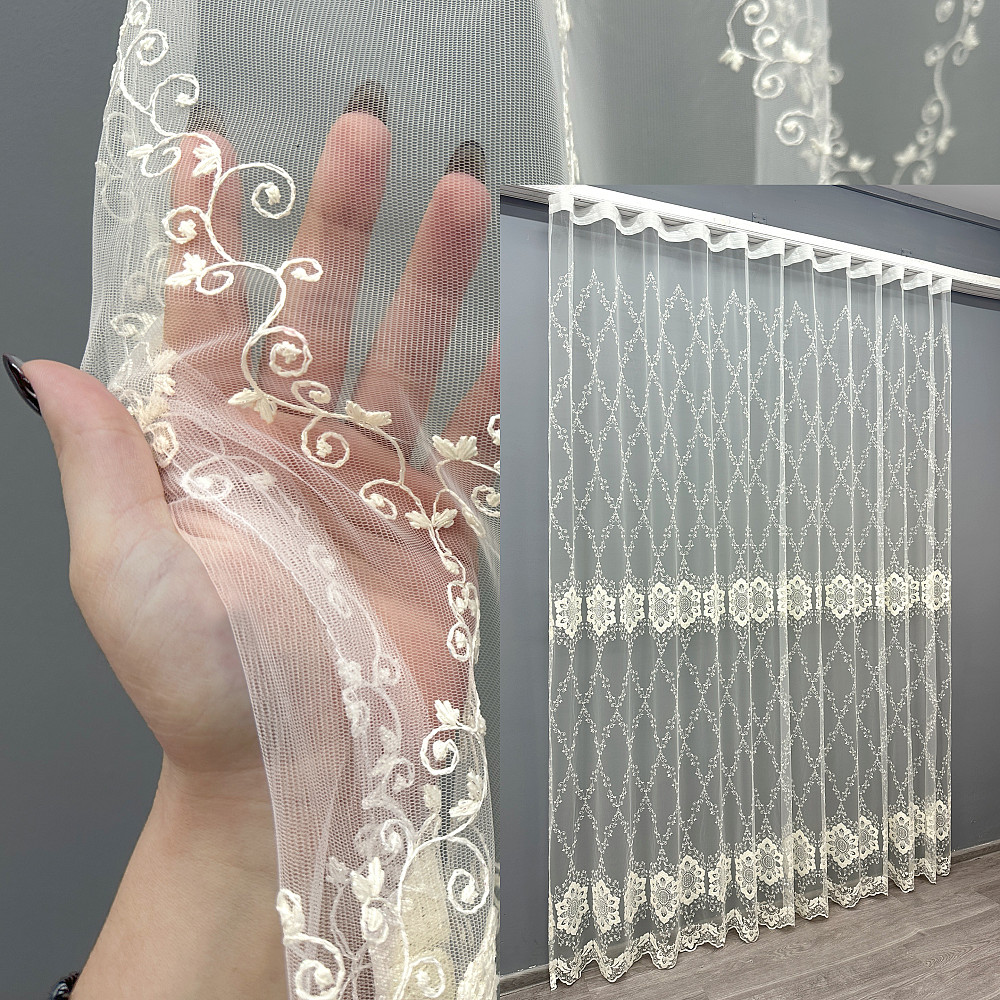 Тюль VR-Textil 1850т Фатин с вышивкой и люрексом Молочный 300х270 см (40-200) Киев - изображение 1